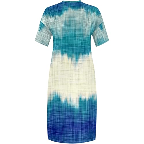 Image of Women Casual T-Shirt Dress V Neck Short Sleeve Solid Color Oversize Dress with Front Two Pockets