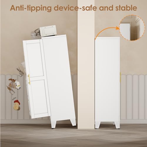 Image of PAOFIN 47 inch Kitchen Pantry Cabinet, Metal Storage Cabinet with 3 Adjustable Layer Shelves, 8 Door Shelves, Buffet Sideboard for Living Room, Kitchen, White