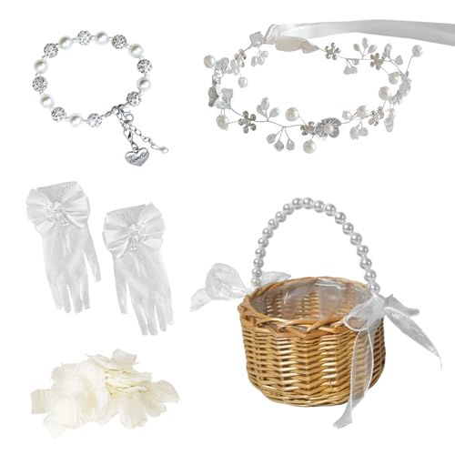 FEXICHUJI 5 Pcs Flower Girl Basket Wedding Set Flower Girl Jewellery Kit Accessories with Headband Bracelet Gloves Basket and Ivory Petals (Wicker Rattan Basket)