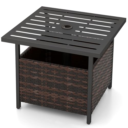 Giantex Outdoor Side Table with Umbrella Hole, 22' Wicker Umbrella Stand Holder and Base,...