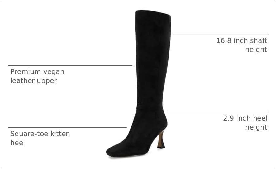 Image of Dsevht Black Leather Knee High Boots for Women Stiletto Kitten Heeled Sexy Boots Square Toe and Side Zipper Design Fashion Dress Boots