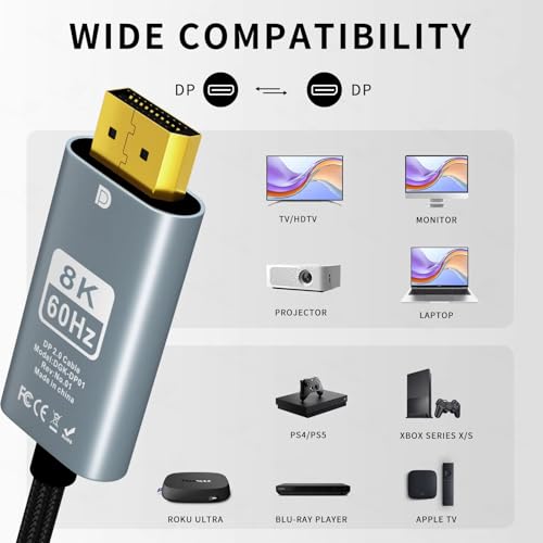 Image of MICROWARE USB C to DisplayPort 1.4 Cable 6FT 8K@60Hz, 4K@120Hz, USBC Type C to DisplayPort Unidirectional USB C to DP Compatible with Thunderbolt 5 /4 /3, MacBook Pro /Air, iPad, iPhone 17 /16, Mac mini
