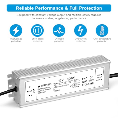 Image of 12V 300W LED Power Supply, IP67 Waterproof LED Driver, AC 80-265V to DC 12 Volt 25A Low Voltage Transformer Converter for Outdoor LED Strip & Landscape Lighting, 3-Prong Plug