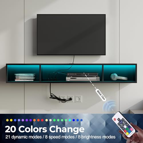 Image of Rolanstar TV Stand with Power Outlet, Floating TV Stand with RGB Lights, 55.1 inch Wall Mounted TV Shelf, Glossy Black Media Console with Storage Shelf, Entertainment Under TV for Living Room, Bedroom
