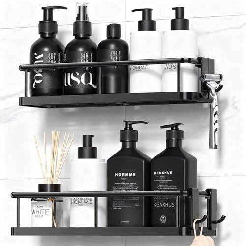 Adhesive Shower Caddy Organiser, No Drill Wall Mounted Bathroom Storage Shelves with Hooks, Rust Proof Black Shower Rack, Self Adhesive Waterproof Shower Shelf for Bathroom Organization (2 PACK)