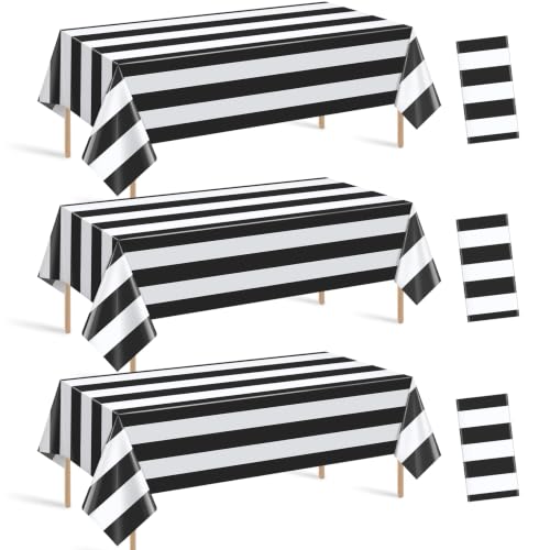 3pcs 54x108Inch Black and White Horizontal Striped Table Cloth Classic Black Stripe Tablecloths Disposable Plastic Stripe Waterproof Table Covers for Picnic Halloween Ghost Party