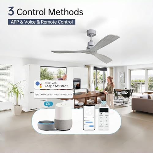 Image of Sofucor 52 Inch Smart Wood Ceiling Fan No Light, Alexa /App /Remote Control | Without Light, Modern, 3 Blade, Quiet Reversible DC Motor, 6 Speeds, Timer, Indoor /Outdoor /Bedroom /Living Room /Patio, Grey