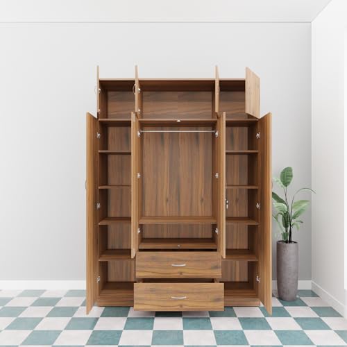 Image of VIKI Wardrobe | Wooden Almirah for Clothes,Door for Bedroom with Loft, 4 Door Wardrobe with Drawer, Mirror & Hanging Space (Brussel Walnut - 40D x 160W x 220H) | 1 Year Warranty | Free Assembly