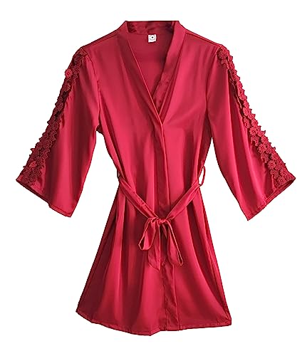 Laura in - Pijamas Mujer de Seda Satén con Encaje Floral de Color Liso Sólido, Camisón con tirantes o Bata Kimono.Bata RojoS1301