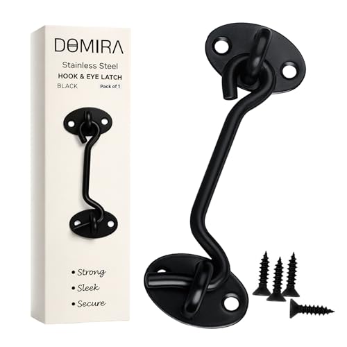 DOMIRA Hook & Eye Latch - Heavy Duty Black Stainless Steel Door Lock | 3 4 6 8 Inch | Gate Hook and Eye Latch for Doors Sheds Windows Barns Sliding Doors and Wooden Gates (Black 3 Inch)