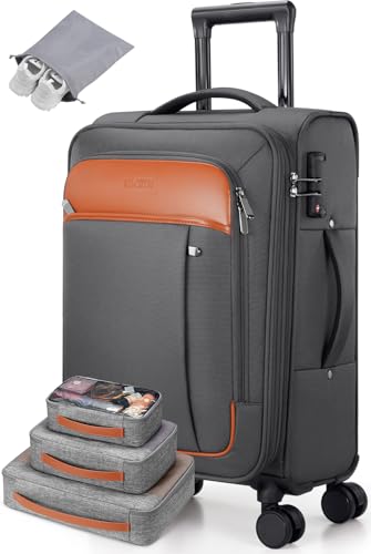 UKEIN Expandable Carry On Luggage 22x14x9 Airline Approved 20Inch Softside Carry On Suitcase with Wheels & TSA Lock Travel Suitcase with 4-Piece Packing Bags for Women Men (Grey Carry on 20in)