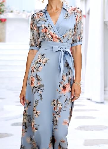 LOZ Womens Summer Dresses 2025 Blue Floral Puff Short Sleeve V-Neck Belt Midi Dress Fashion A-Line Wedding Guest Dresses2