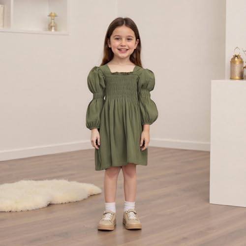 Toddler Girl Smocked Dress Lantern Long Sleeve Solid Color Casual A Line Little Girl Dresses Fall Winter Clothes3