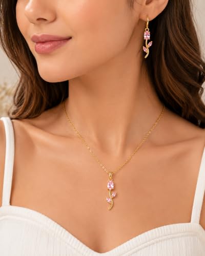Image of H&K Jewels Elegant Pink Tulip Jewelry Set | 18k Gold Plated Necklace, Dangle Earrings & Bracelet | Gift for Wife, Girlfriend & Women|Anniversary, Party & Bridal Gift|Jewelry for Weddings & Special Occasions