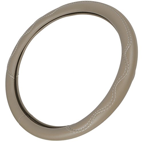 Synthetic Leather Steering Wheel Cover For Car SUV Van & Truck - Solid Color with Accent Stitching - Standard Size 15 Inch Beige