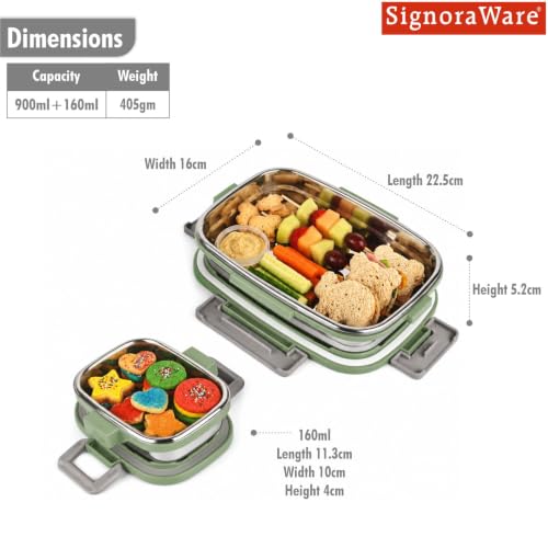 Image of SignoraWare Quickmeal Stainless Steel Big Lunch Box,(900ml+160ml, EGreen), Airtight & Leakproof, Portion Control, Easy to Carry, Ideal for Office, School, Kids & Travel