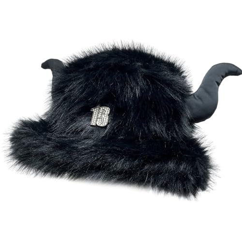 Chapeau bob en corne de diable pour femme fait à la main, pliable, en fausse fourrure, tendance, mignon, vintage et décontracté, Noir, M