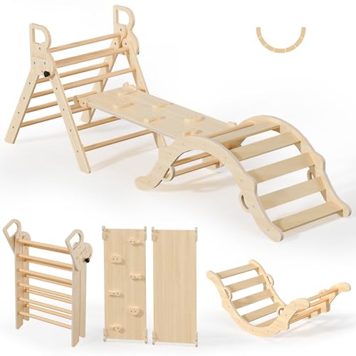 Image of BlueWood Pikler Triangle Set, Toddler Wooden Climbing Toys Indoor 7in1 Climber, Foldable Kids Climbing Toys, Montessori Play Jungle Gym with Arch, Ramp, Ladder (Natural)