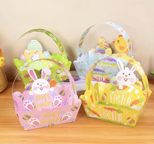 2pcs Happy Easter Egg Hunt Paper Baskets for Kids, Green Yellow Blue Pink, Bunny and Chick Designs for Boys Girls Children Festive Celebration Suprise Gift (Pink Blue Basket)
