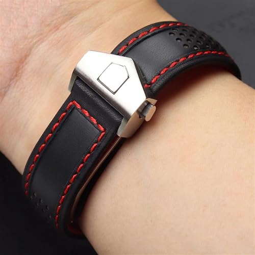 Bracelet de montre 22mm en cuir de vache noir et rouge pour montre Tag Heuer