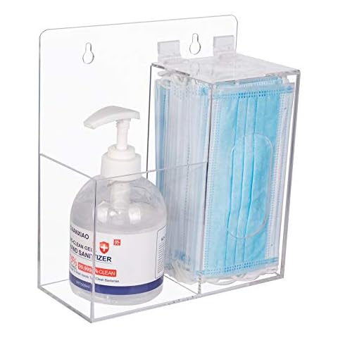 KOEMEHR Acrylic Mask Storage Box & Hand Sanitizer Holder Stand Wall Mount or Countertop, Hygiene Station with 2 Compartment Transparent Box Dispenser for Masks, Gloves, Soap Dispenser Cover