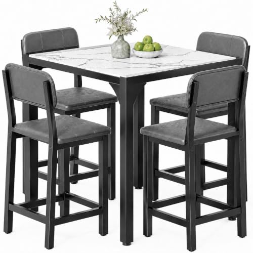 5-Piece Counter Height Dining Table Set for 4, Marble-Look, Grey