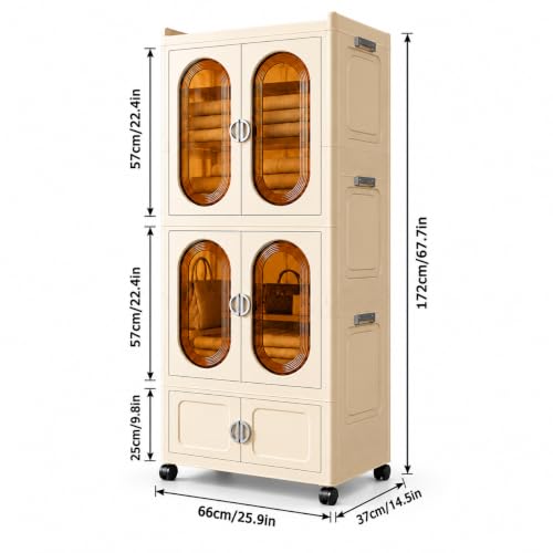 Image of KRISHYAM 3-Tier Plastic Storage Cabinet with Doors & Wheels, Translucent Amber Doors, Multipurpose Clothes Organizer for Bedroom & Home, 172 x 66 x 37 cm
