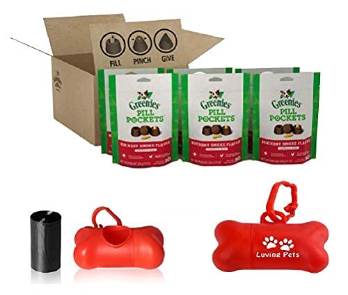 Greenies Pill Pockets Natural Dog Treats, Capsule Size, Hickory Smoke Flavor 7.9 oz. (Pack of 6) Including Luving Pets Waste Bag Dispenser