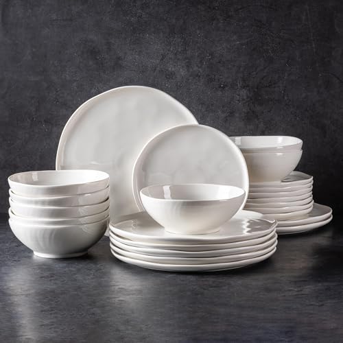 Image of LERATIO Ceramic Dinnerware Sets for 8,Porcelain Plates and Bowls Sets with Wavy Edge, Oven &Microwave & Dishwasher &Safe,Light Weight & Scratch Resistant Dishes Sets-Service for 8 (24pcs) Peal White