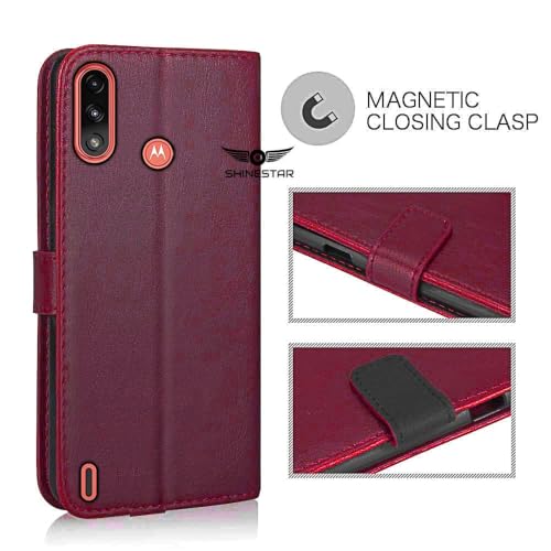 Image of SHINESTAR Motorola Moto E7 Power Flip Back Cover | PU Leather Flip Cover Wallet Case with TPU Silicone Case Back Cover for Motorola Moto E7 Power- Red