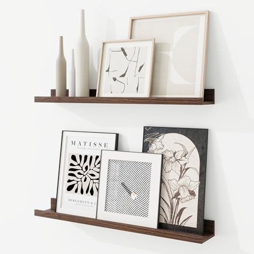 RICHFOCUS Picture Ledge Shelf 24 inch Floating Shelves Set of 2 Wood Wall Shelves with Lip Wall Decor Storage for Bedroom Living Room Bathroom Kitchen Nursery Photo Picture Walnut
