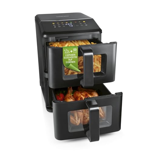 GOURMETmaxx FryUp vertikale Doppelkammer Heißluftfritteuse mit Sichtfenster - 10 L | Airfryer mit 9 8 Zoll Multi-Colour LED-Touchdisplay & 11 Programmen | Heißluftfritteuse 2 Kammern mit Oberhitze
