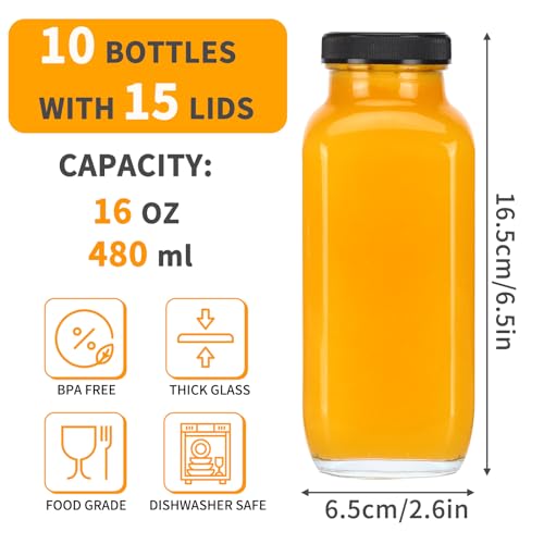 image for CUCUMI 10pcs 16oz Glass Juice Bottles with Lids, Reusable Juice Contai