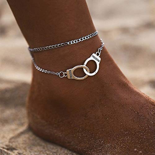 Sttiafay Pulsera de tobillo con esposas de plata, tobillera con capas delicadas,...