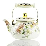 Floral Enamel Tea Kettle Bohemian Vintage Teapot Hot Water Coffee Kettle Pot 2.5L Porcelain Beige Colorful Rustic Tea Pot for Stovetop Hot Water Kitchen Decor