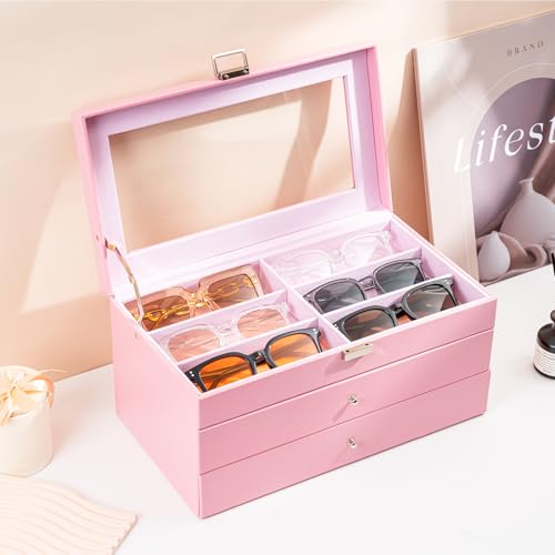 Image of ProCase 3-layer Sunglasses Storage Organizer, 18 Slots Leather Sunglass Box Multiple Pairs Eyeglass Cases Eye Glass Eyewear Display Holder for Men Women -Pink