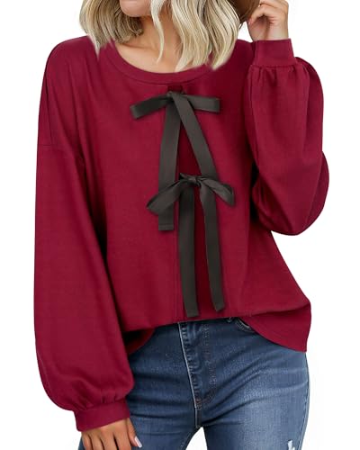 Vivilli Womens Long Sleeve Sweaters Sweatshirt Crewneck Long Sleeve Shirts Bow Tie Front Splicing Tunic Tops