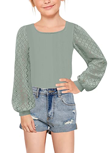 Geckatte Girls Long Sleeve T-Shirts Lace Crewneck Casual Plain Stretchy Ribbed Knit Blouses Tops 5-14 Years