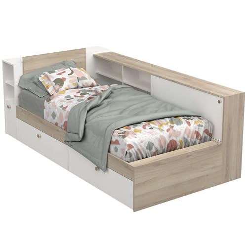 Miroytengo Cama Life con Almacenaje Dormitorio Juvenil Blanco Y Roble Kronberg 90x190-200 Cm