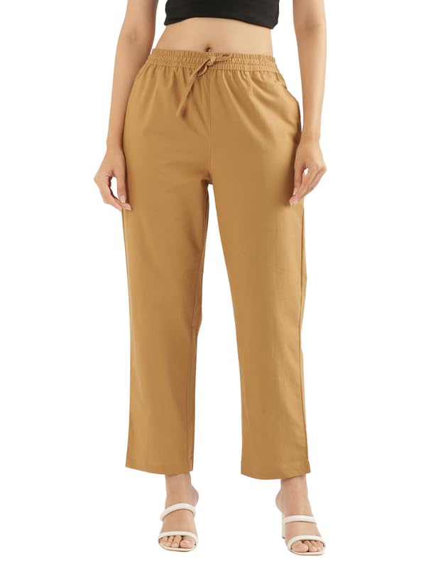 Image of SAADAA Cotton Straight Pants for Women | Breathable Everyday Wear Trousers | Drawstring, Deep Pockets & Elastic Waistband | Casual & Comfortable Fit