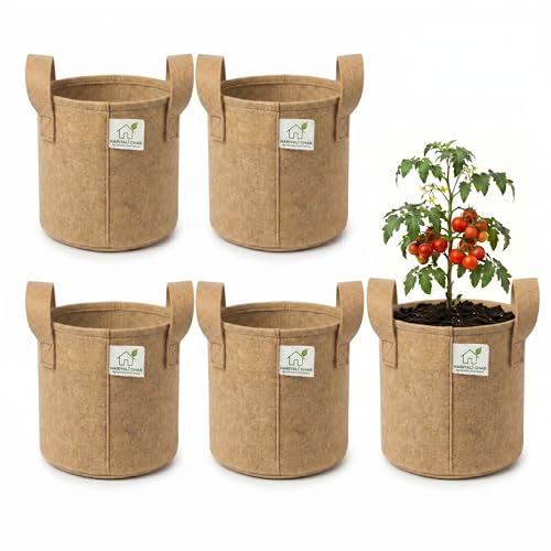 Image of 400 GSM Geo Fabric Round Grow Bags 15x15 Inch with Handle, Camel Color Planting Bags for Terrace and Kitchen Gardening Pack of 5