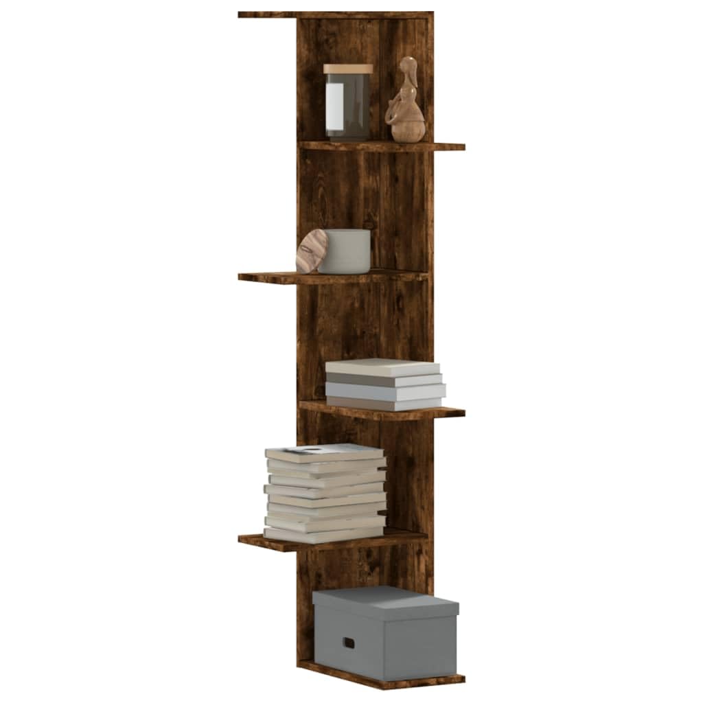 Wand-Eckregal Räuchereiche aus Holzwerkstoff 36,5x36,5x140 cm platzsparendes Regal mit Wandhalterung für Wohnzimmer Schlafzimmer Büro zur stilvollen Aufbewahrung und Dekoration