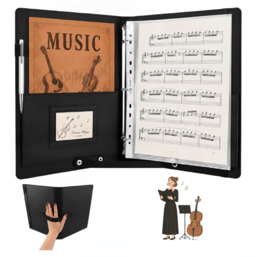 Choral Sheet Music Folder, PU Leather Choir Binder with Hand Strap, 120°/180° Opening Music Folder for Choir, Orchestra, Piano, Fits Letter Size 8.5 x 11 inch, Holds up to 220 Loose Sheets, Black