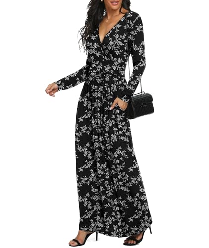 Image of LILBETTER Women Long Sleeve Deep V Neck Loose Plain Long Maxi Casual Dress