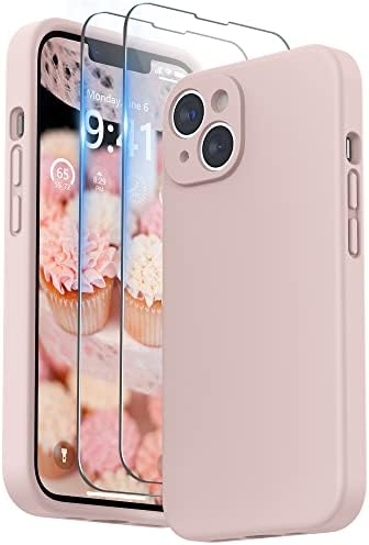 SURPHY Compatible with iPhone 14 Case with Screen Protector (Camera Protection + Soft Microfiber Lining) Liquid Silicone Phone Case 6.1 inch 2022, Pink Sand