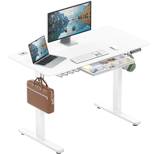 Image of SHW 48-Inch Electric Height Adjustable Standing Desk with Drawer, Memory Preset and Cable Management Tray, White