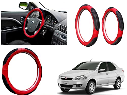 Image of Microfiber Car Steering Wheel Cover, Soft Padding Great Hand Feel, Anti-Slip, Faux Leather Steering Cover for Fiat Siena | Black Red Jali - Pack of 1