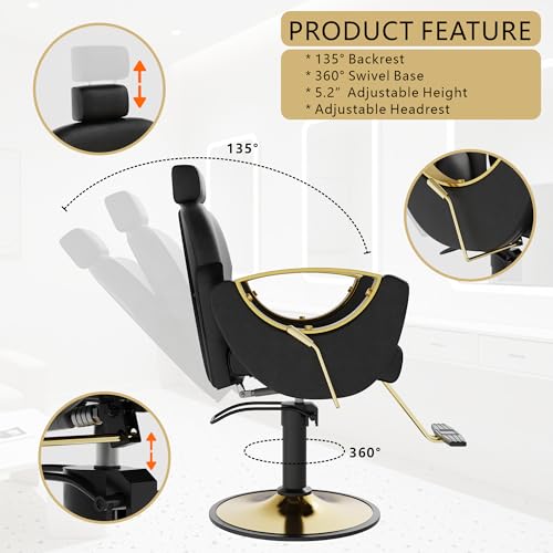 Image of Barber Chair, Reclining Hair Salon Chair, 360 Degrees Swivel Styling Chair, Height Adjustable Hydraulic Shampoo Chairs, Spa Equipment (Black)