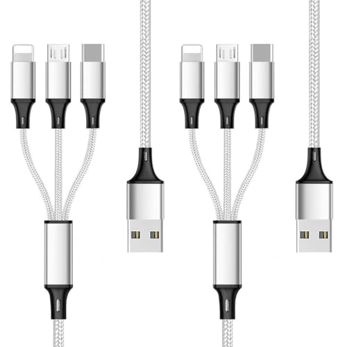 Jpinbo Multi Charging Cable 2Pack 4FT 3 in 1 Nylon Braided Multiple USB Fast Charging Cord Adapter Type C Micro USB Port Connectors Compatible Cell Phones Tablets and More (Silver)