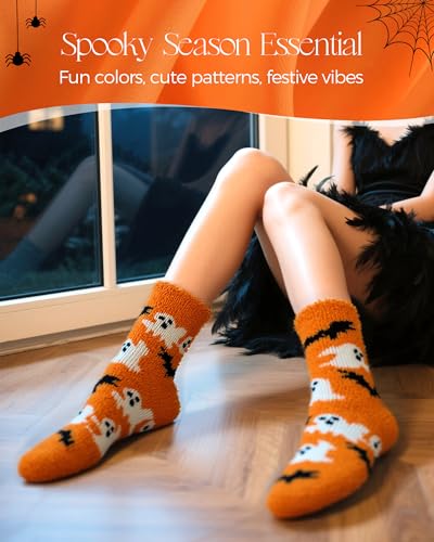 72-Needle Buttery Soft Halloween Fuzzy Socks for Women Girls, Cozy Funny Crazy Cute Fluffy Warm Slipper Socks 3 Pairs, Halloween Gifts Boo Spooky Basket Stuffers4